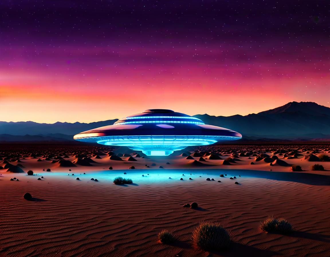 Pleiadian UFO in Desert Dusk: Cinematic Sci-Fi
