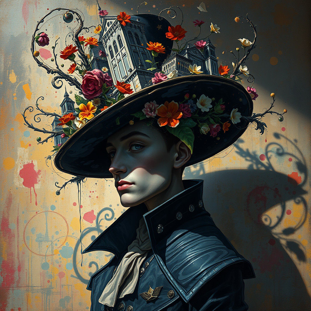 Elaborate Hat Shadow Portrait in Street Art Style