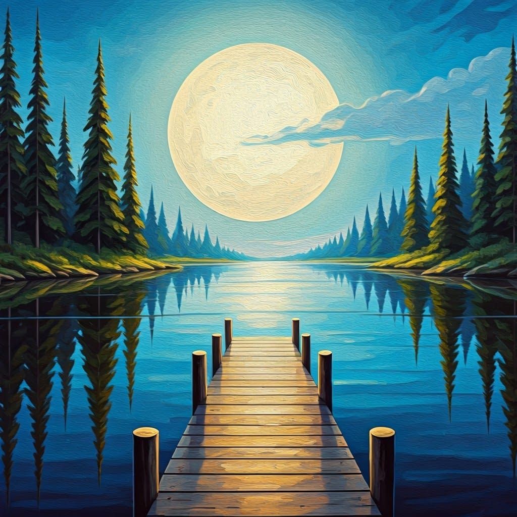 Ethereal Dock Scene Under Cream-Colored Moonlight