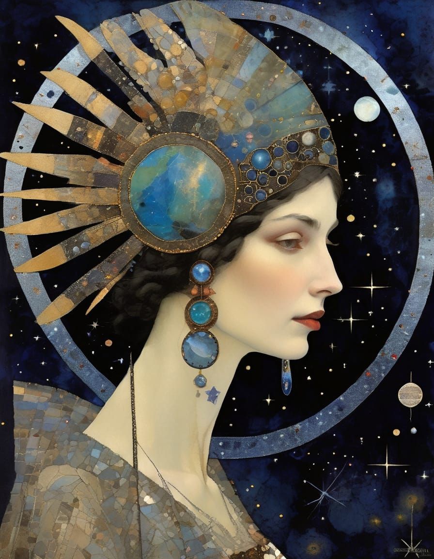 Cosmic Headdress Oil Portrait under Nebula Sky