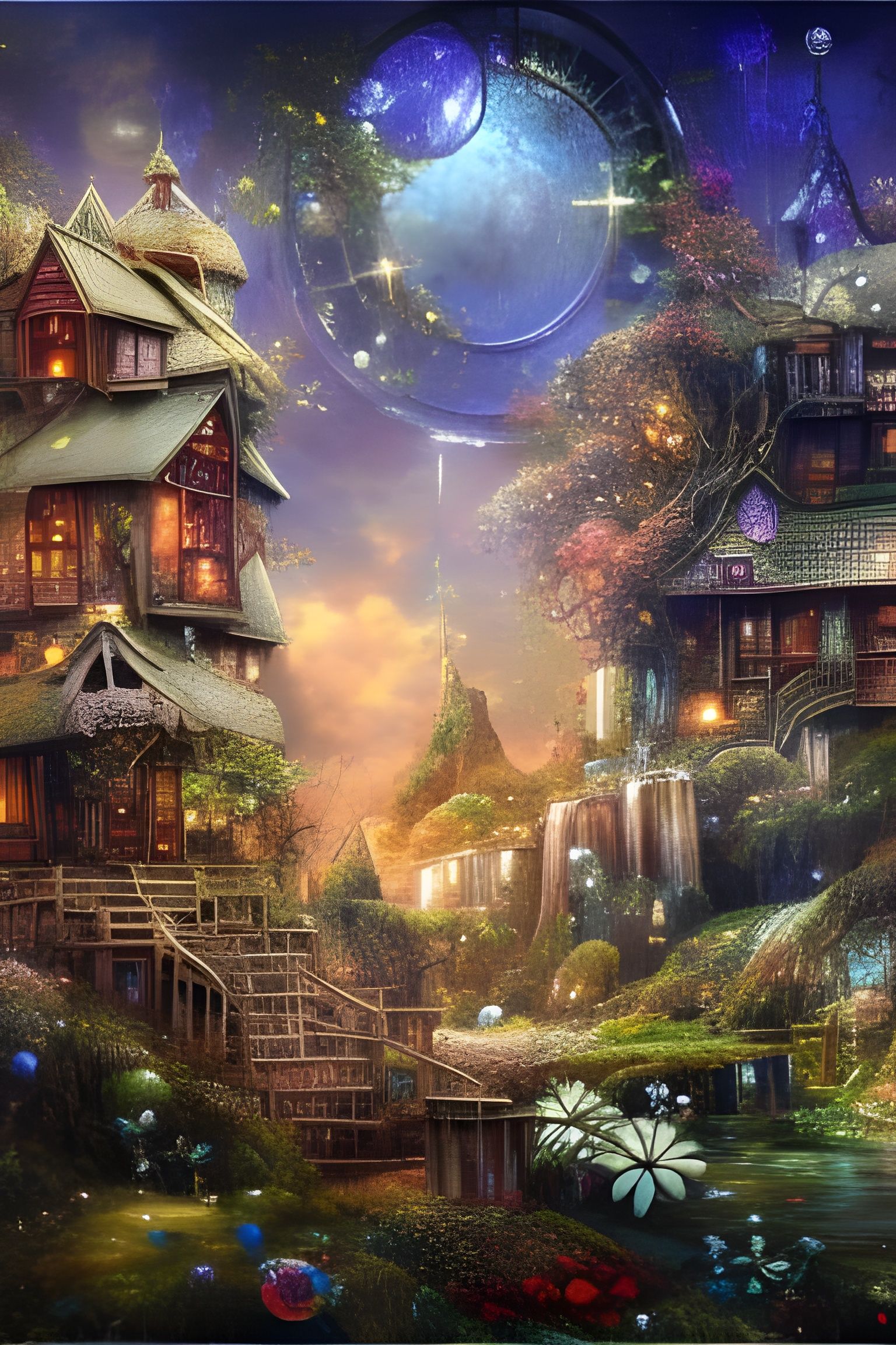 Clockpunk Bonsai Village with Starry Sky, Digital Art