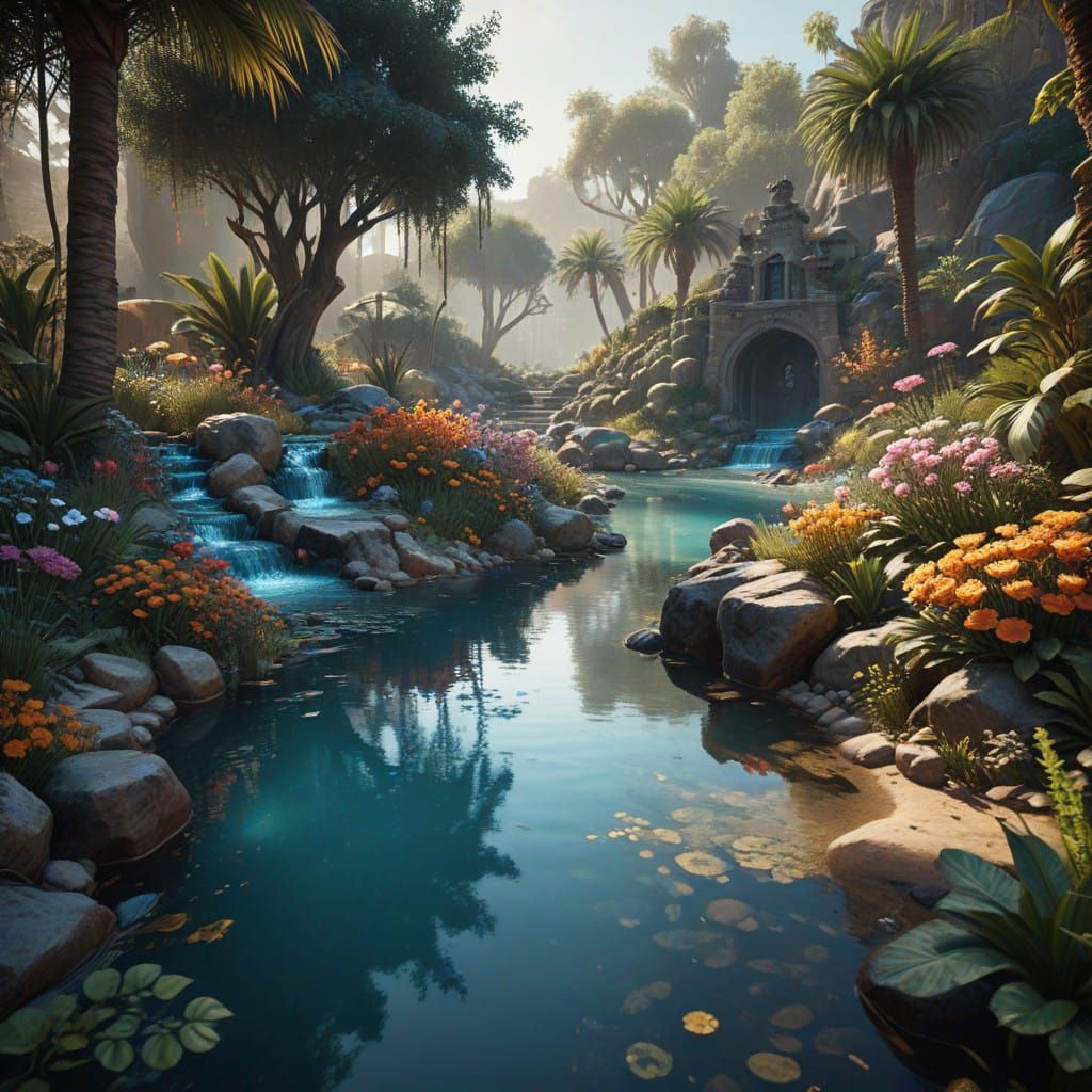 Surreal Desert Paradise with Majestic Pond and Whimsical Flo...