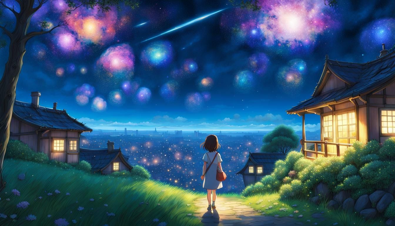 Ghibli Style Starry Night Forest Landscape