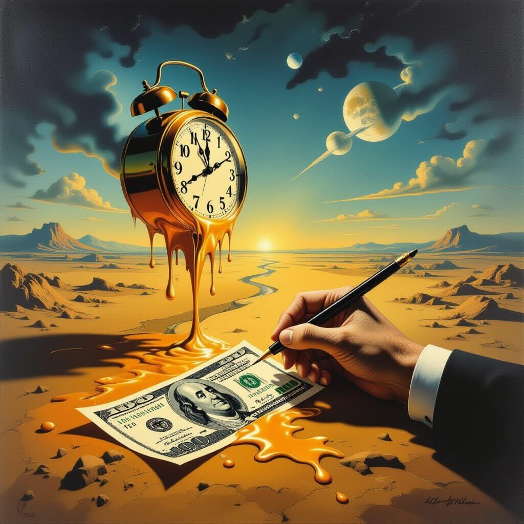 Surrealist Painting: Melting Money & Artist's Hand