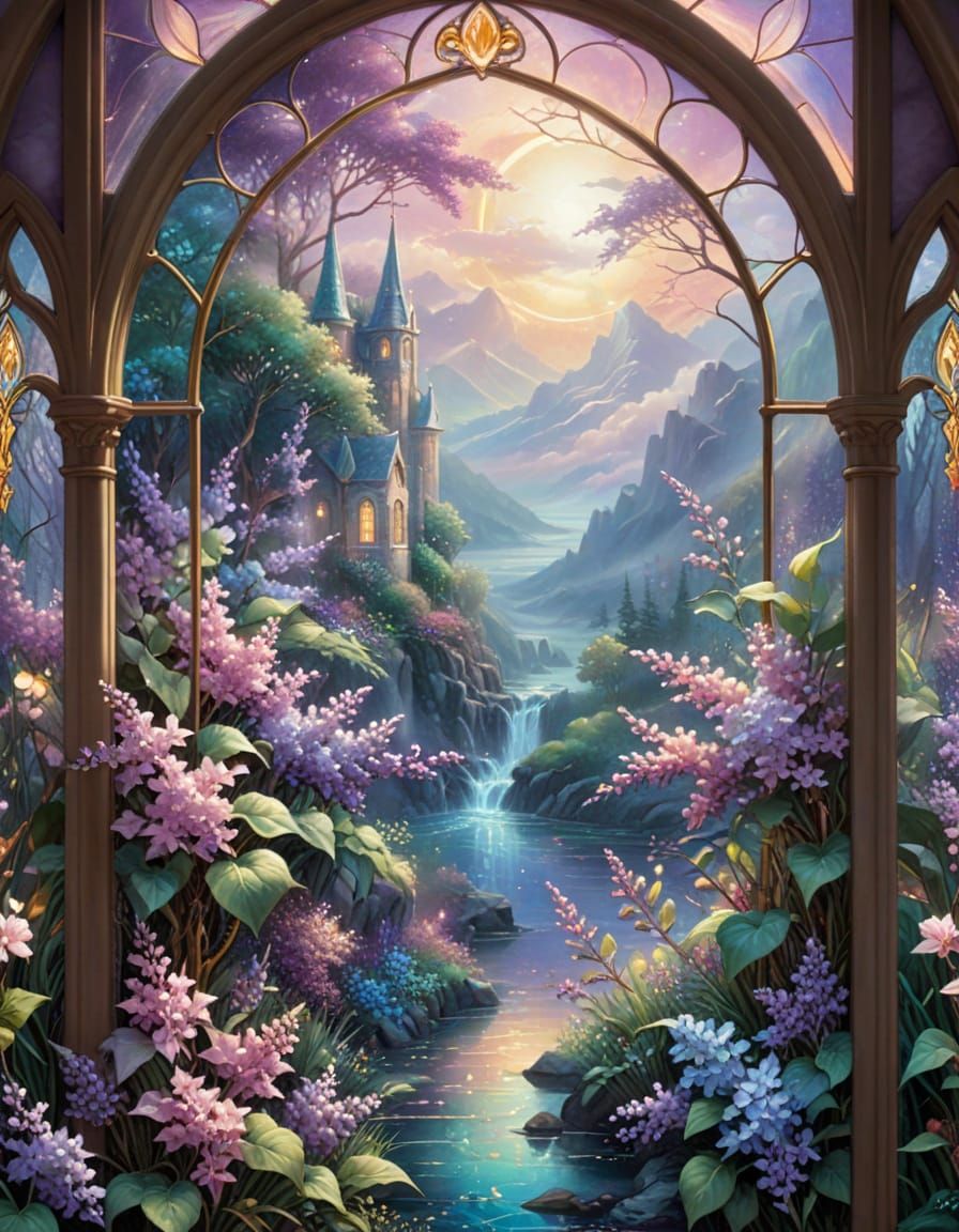 Stained Glass Lilac Window Close Up