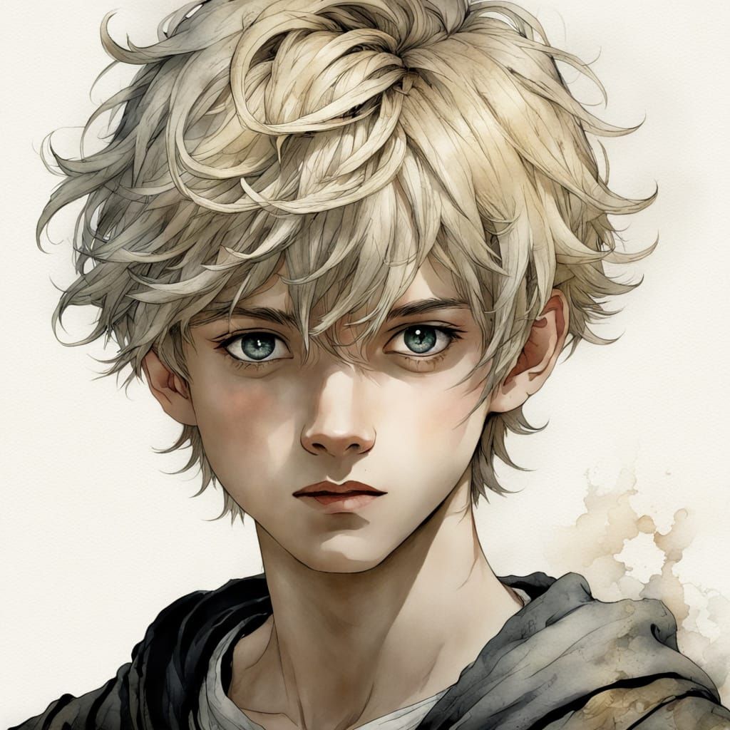 Blond Boy Portrait in Watercolor and Ink