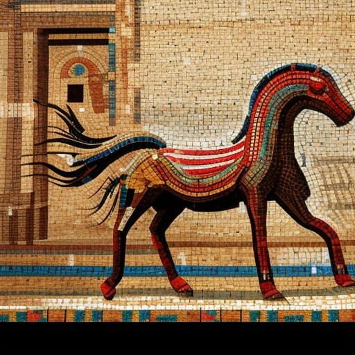 Mosaic Trojan Horse Towers Over Ancient City
