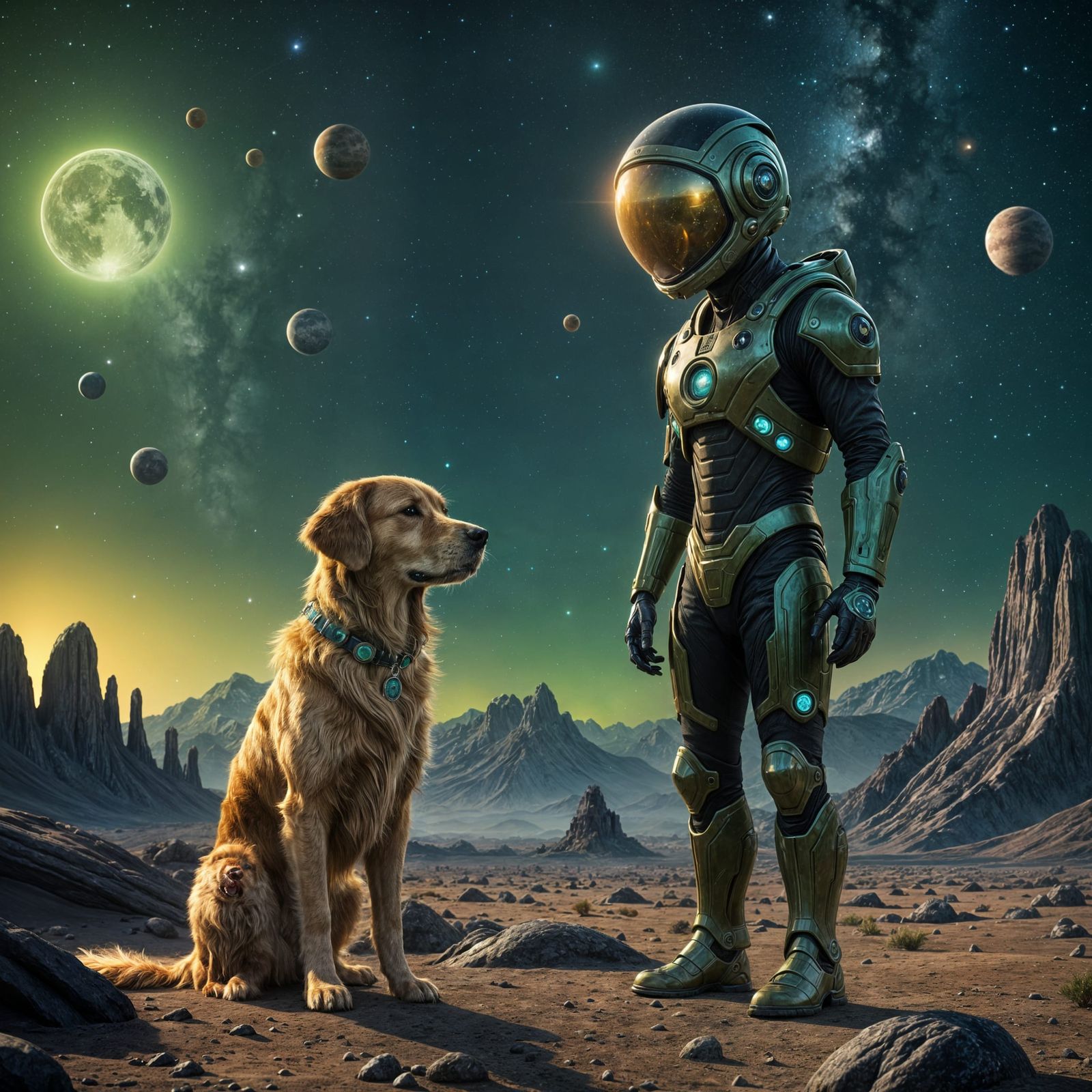 Alien Meets Golden Retriever Under Starry Sky