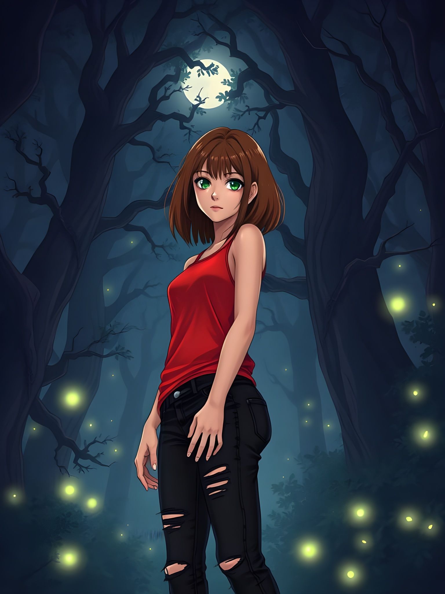 Ethereal Nighttime Forest Goddess in Red and Black
