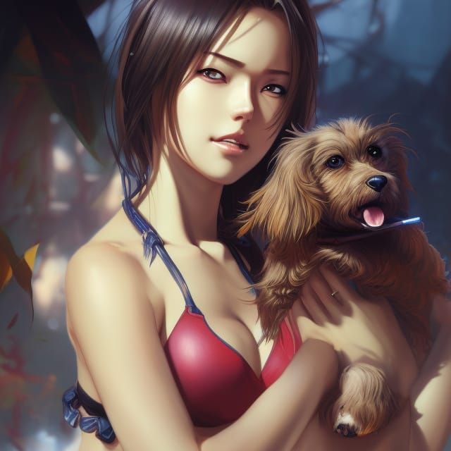 Anime Girl with Dog, Hyperrealistic 8k Art