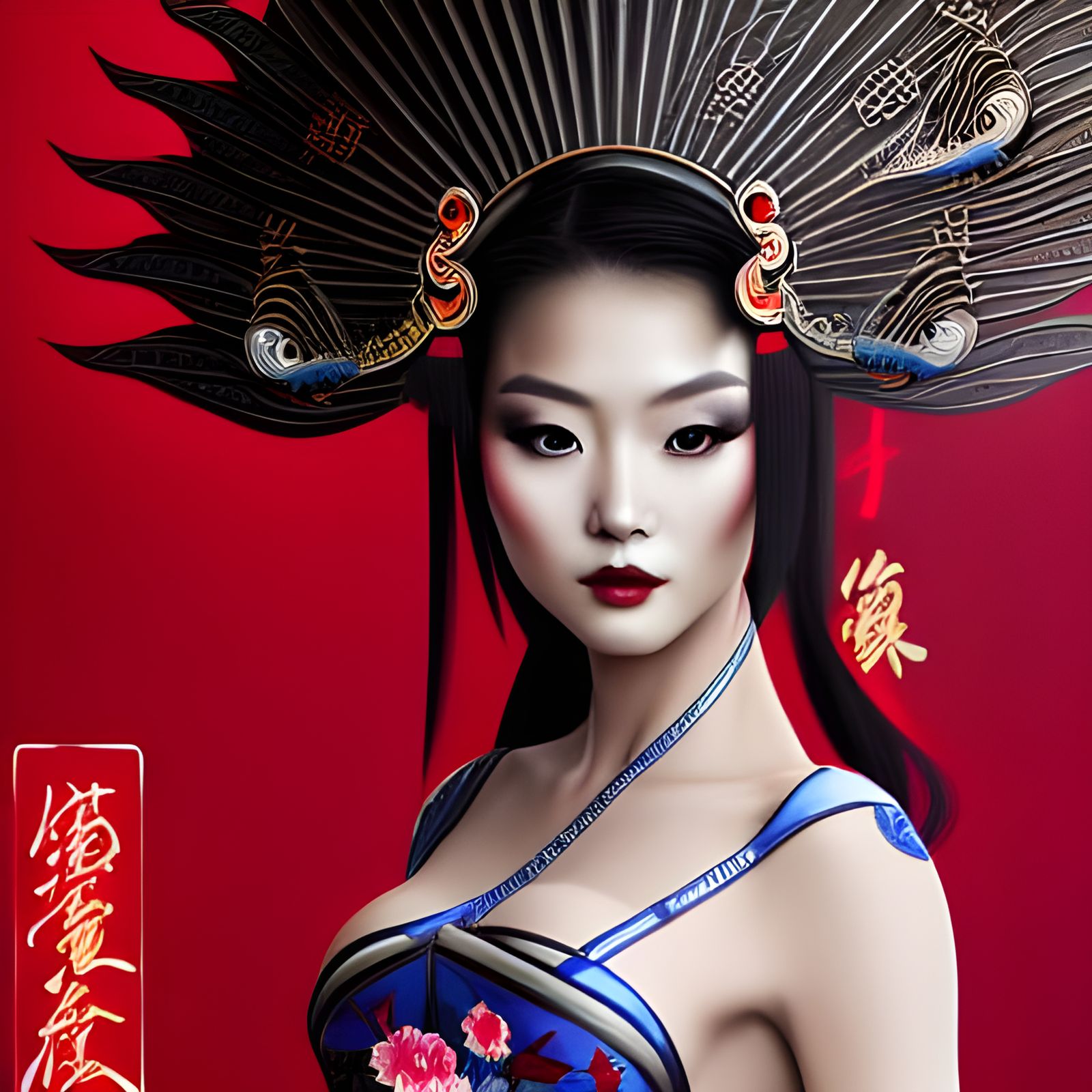 Geisha with Peacock Tail in Ornate Style