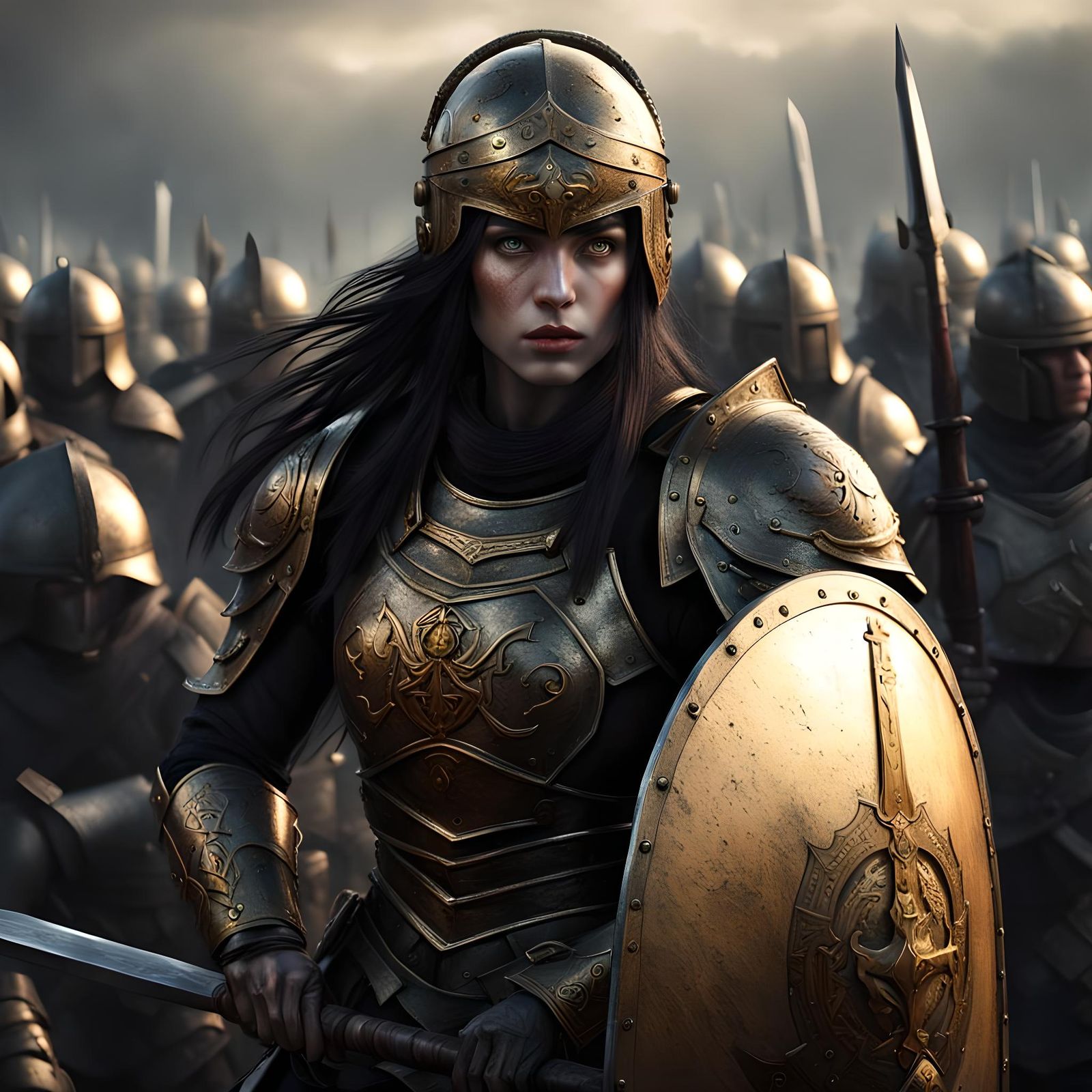 Hyperrealistic Warrior in Gold Armor on Battlefield