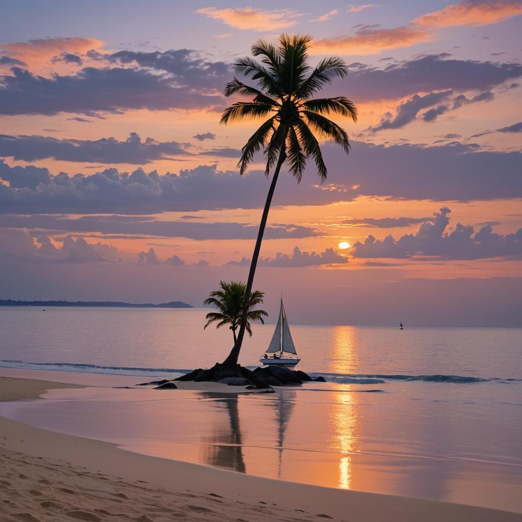 Tranquil Beach Sunset with Palm Tree: Hyperrealistic Art