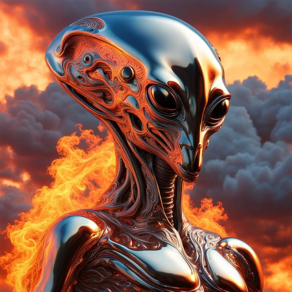Chrome Alien in Fiery Clouds: 3D Render
