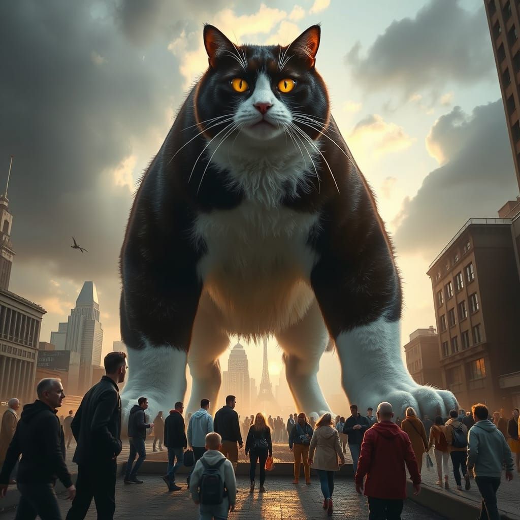 Gargantuan Tuxedo Cat Dominates Cityscape