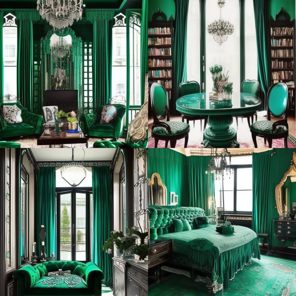 Teal green gothic penthouse with Emerald green frames& gothic windows& gothic emerald green curtains& Emerald green goth...