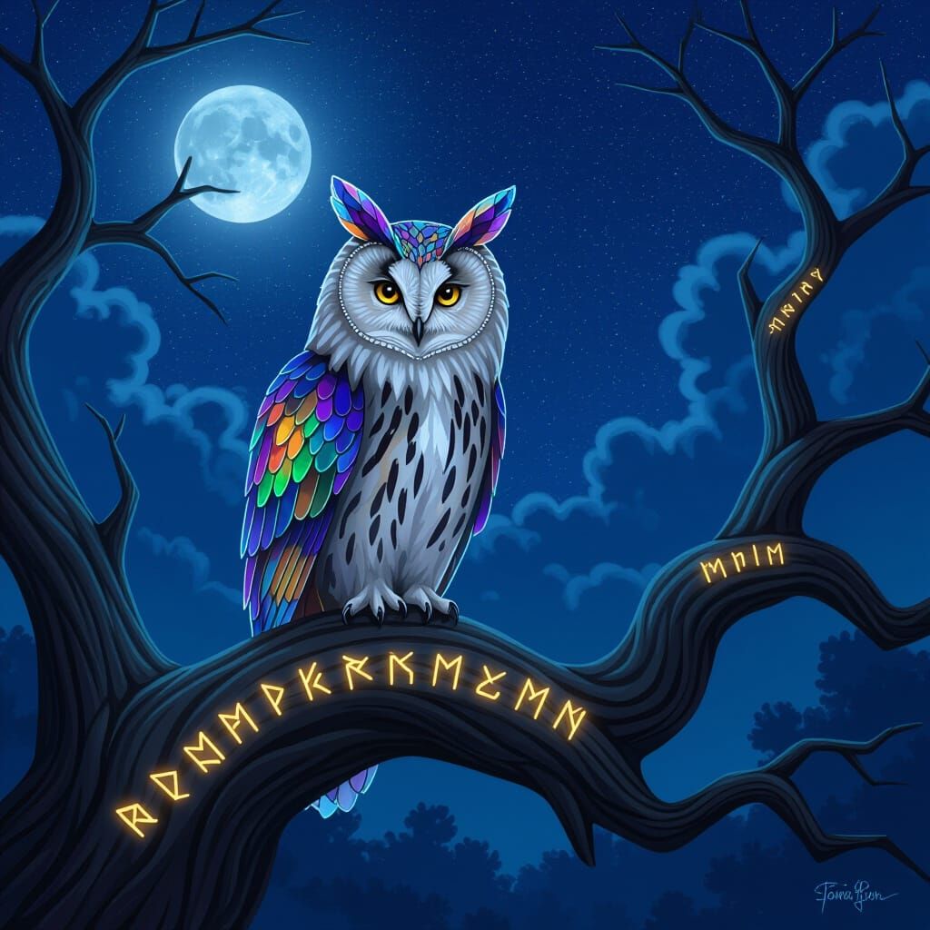 Ethereal Stained Glass Owl on Ancient Tree Under Starry Sky