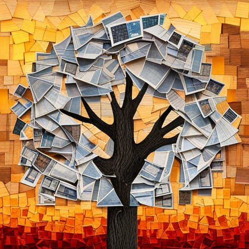 Collage Art Tree Composed of Ripped Paper