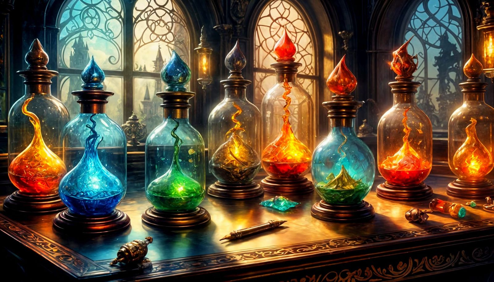 Elegant Art Nouveau Potions in a Witch's Chamber