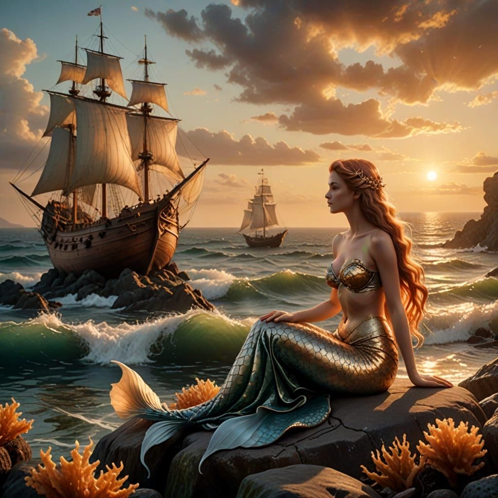 Mermaid Gazing at Ship in Distant Horizon, Shell Bra and Pea...