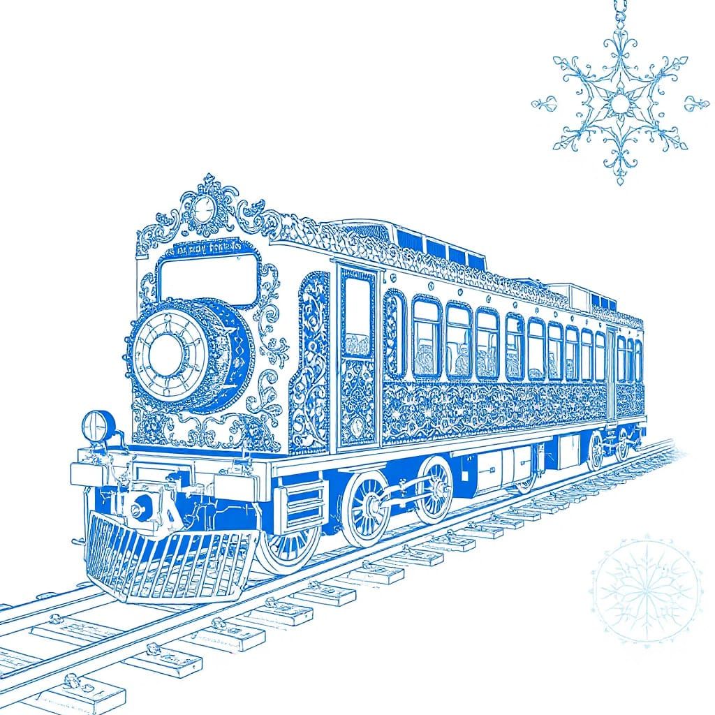 Surreal Train in Intricate Blue Line Drawing