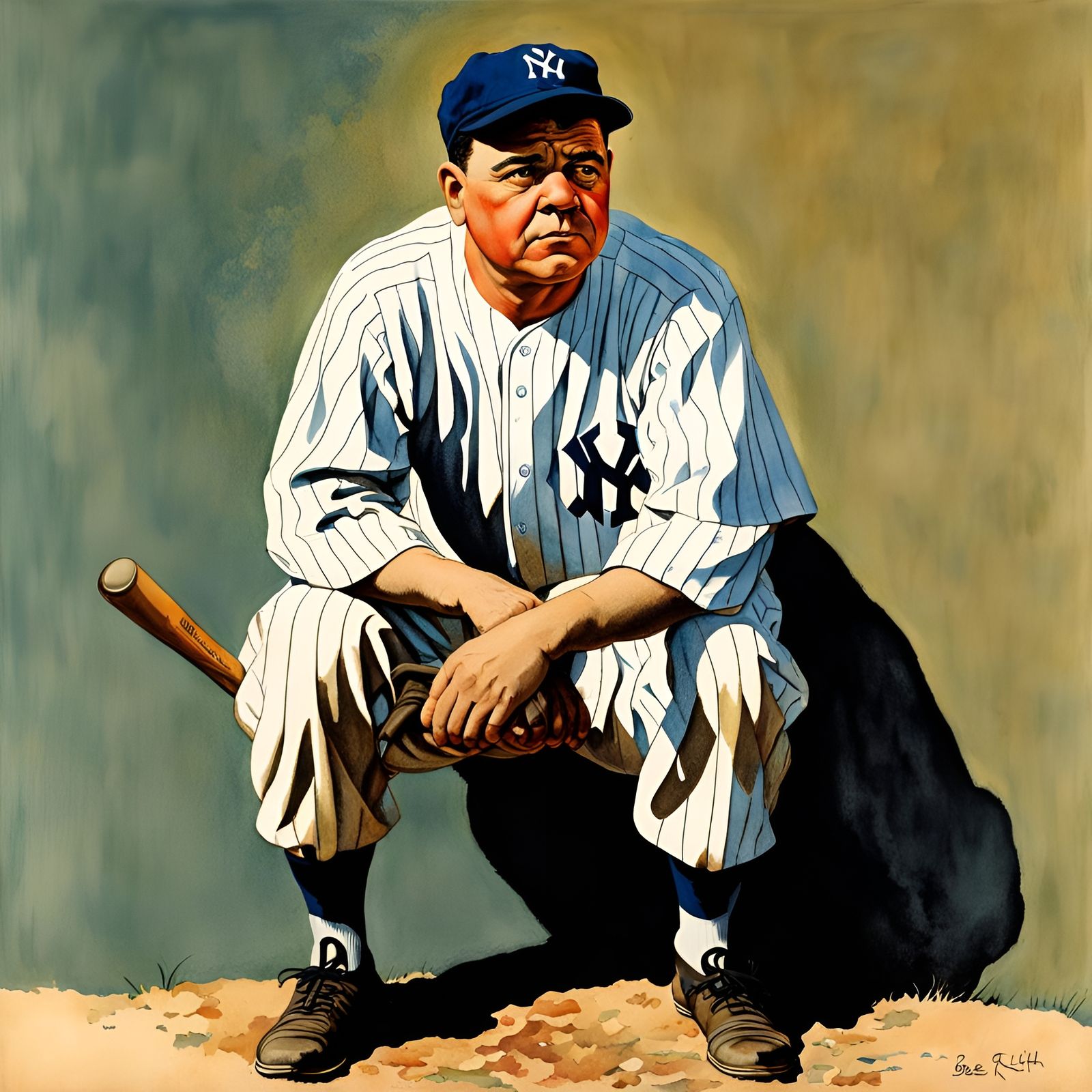 Babe Ruth Portrait in Watercolor Storybook Style