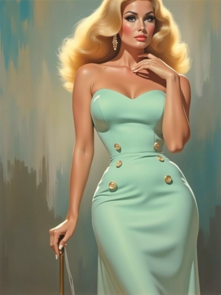 Abstract 1960s Model in Green Dress, Oil Painting