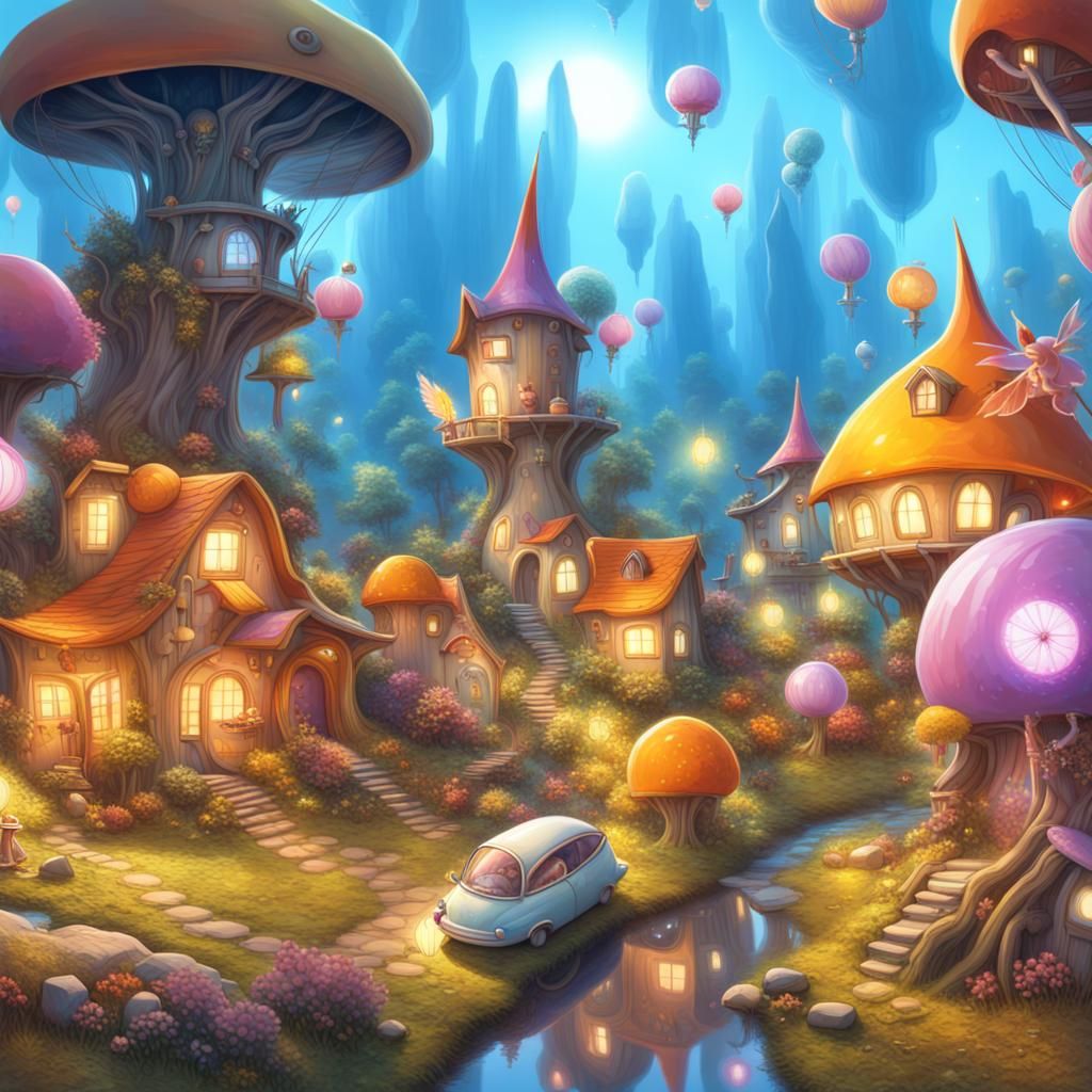 Vibrant Cel-Shaded Fairy Village with Futuristic Elements