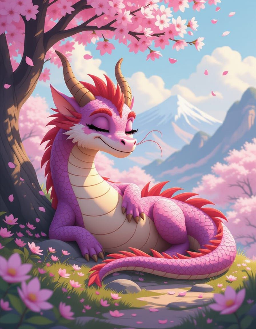 Friendly Pink Dragon Amid Cherry Blossoms in DreamWorks Styl...