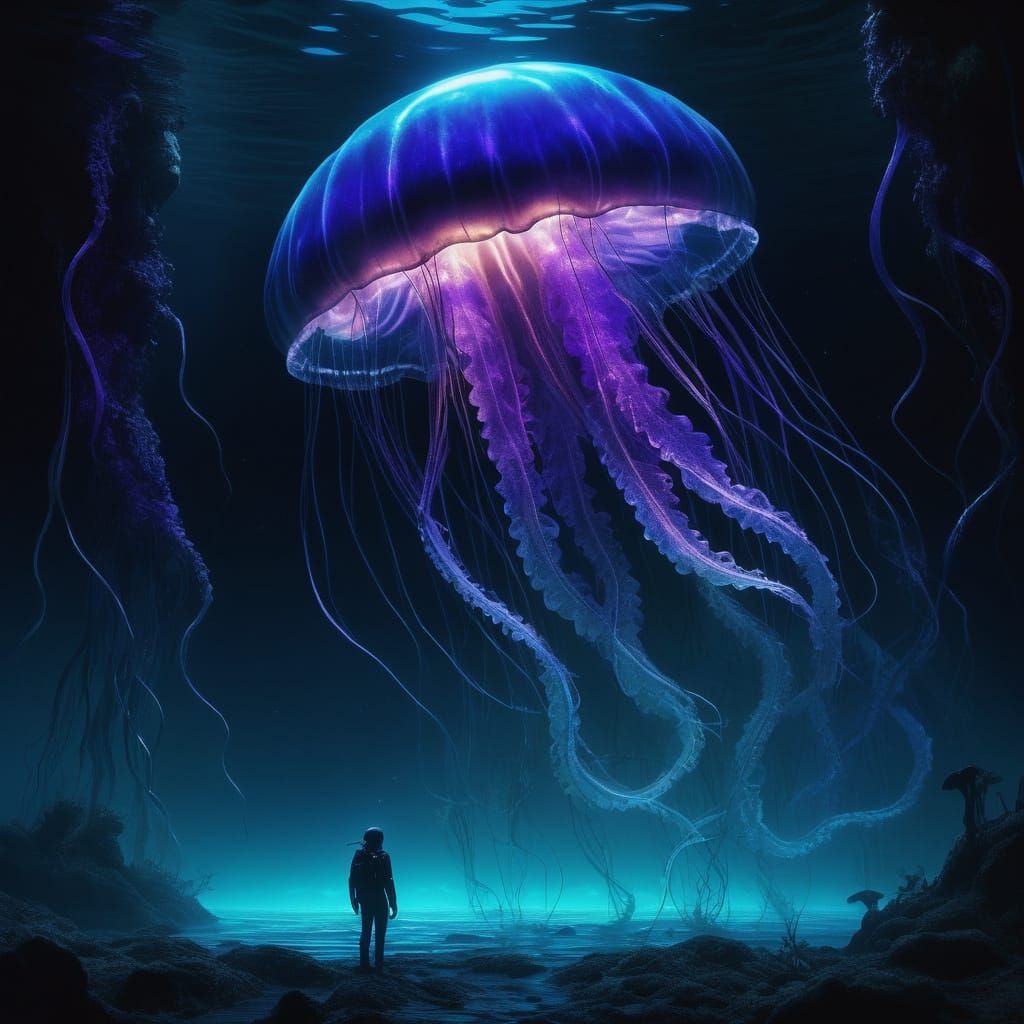 Ethereal Jellyfish Dances Through Deep Sea Trench in Biolumi...
