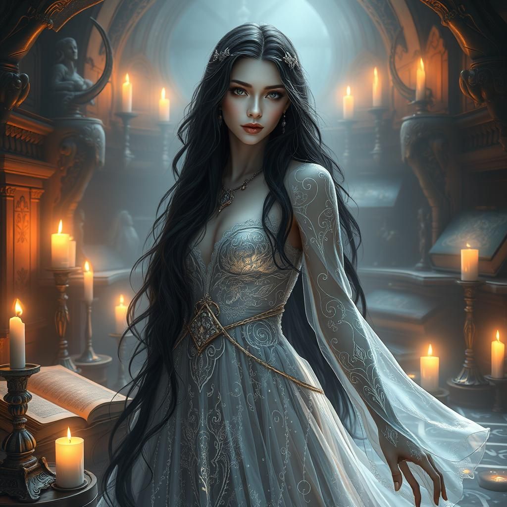 Mystical Sorceress in Glass Gown, Digital Art