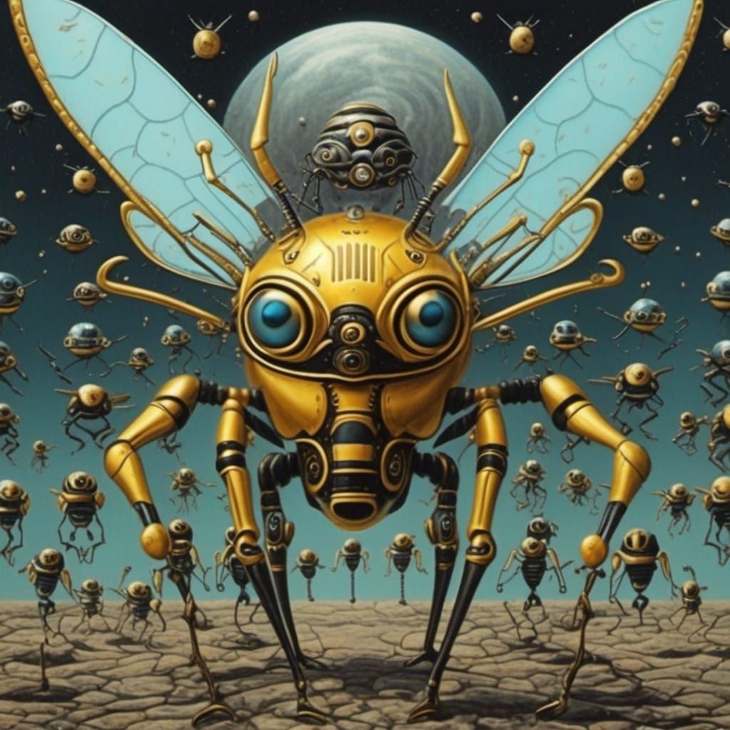 Golden Robot Wasp in Psychedelic Charcoal Style