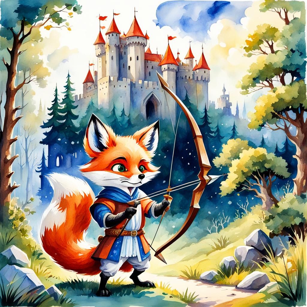 Fox Archer in Medieval Forest, Watercolor Cartoon