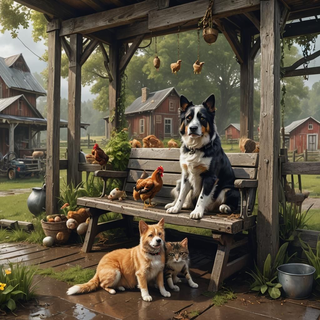Dog and Kitten on Porch Swing: Matte Painting