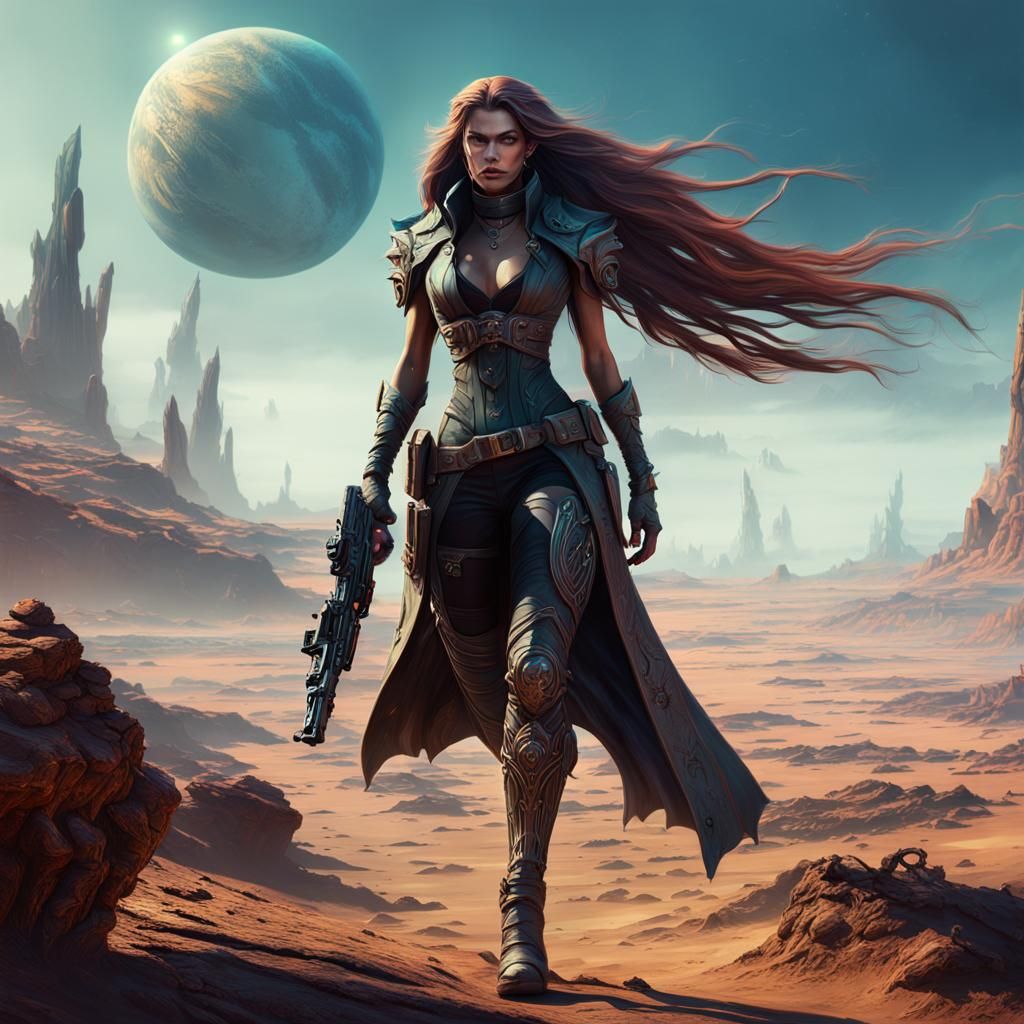Female Gunslinger on Alien Planet, Detailed Matte Painting