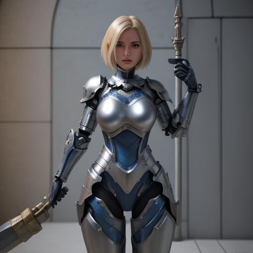 Armored Woman with Hammer in Futuristic Castle