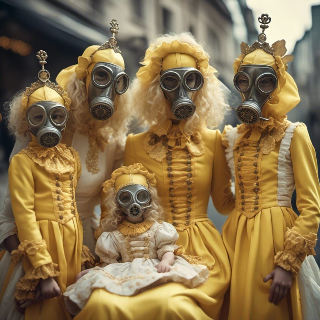 Gas Mask Family in Yellow Fancy Dress