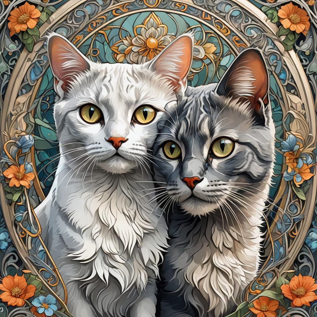 Adorable Cats Portrait in Art Nouveau Style