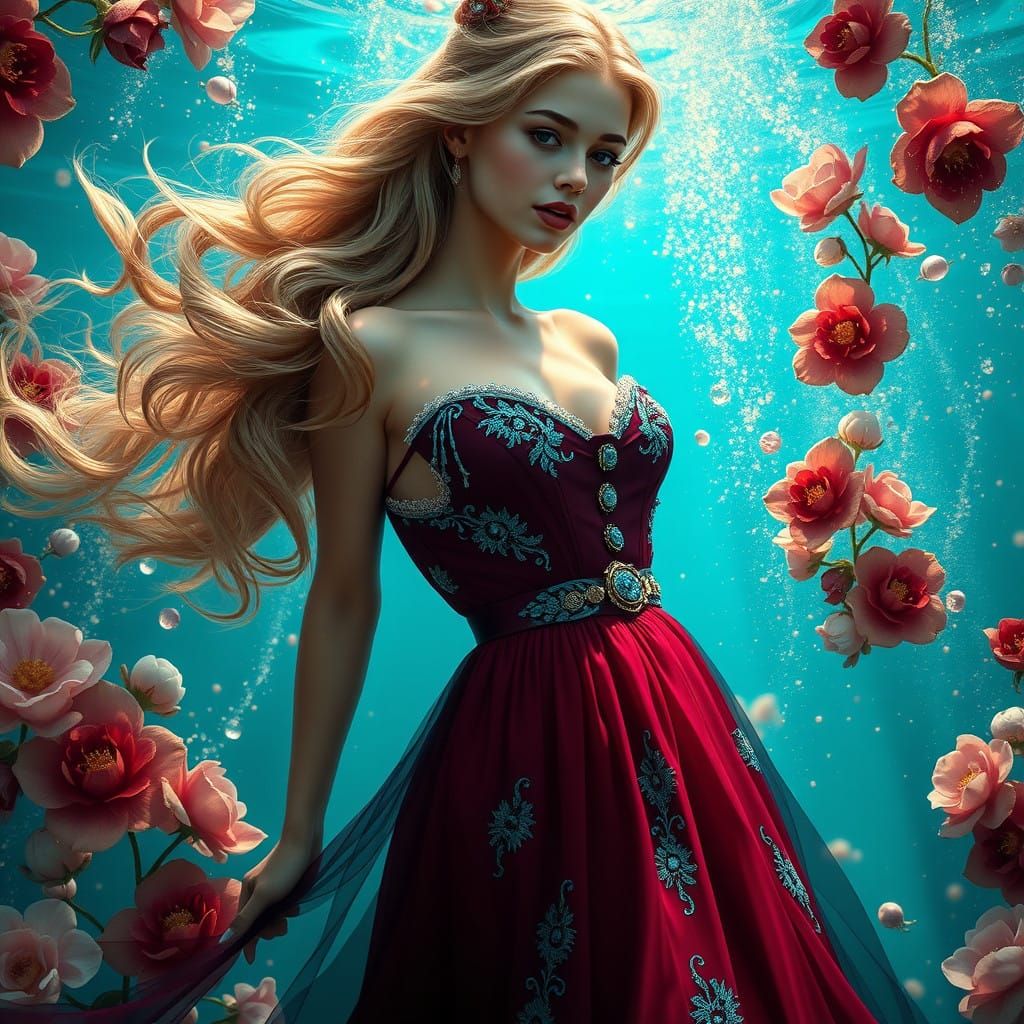 Ethereal Wedding Goddess in Turquoise and Bordeaux Red Gown