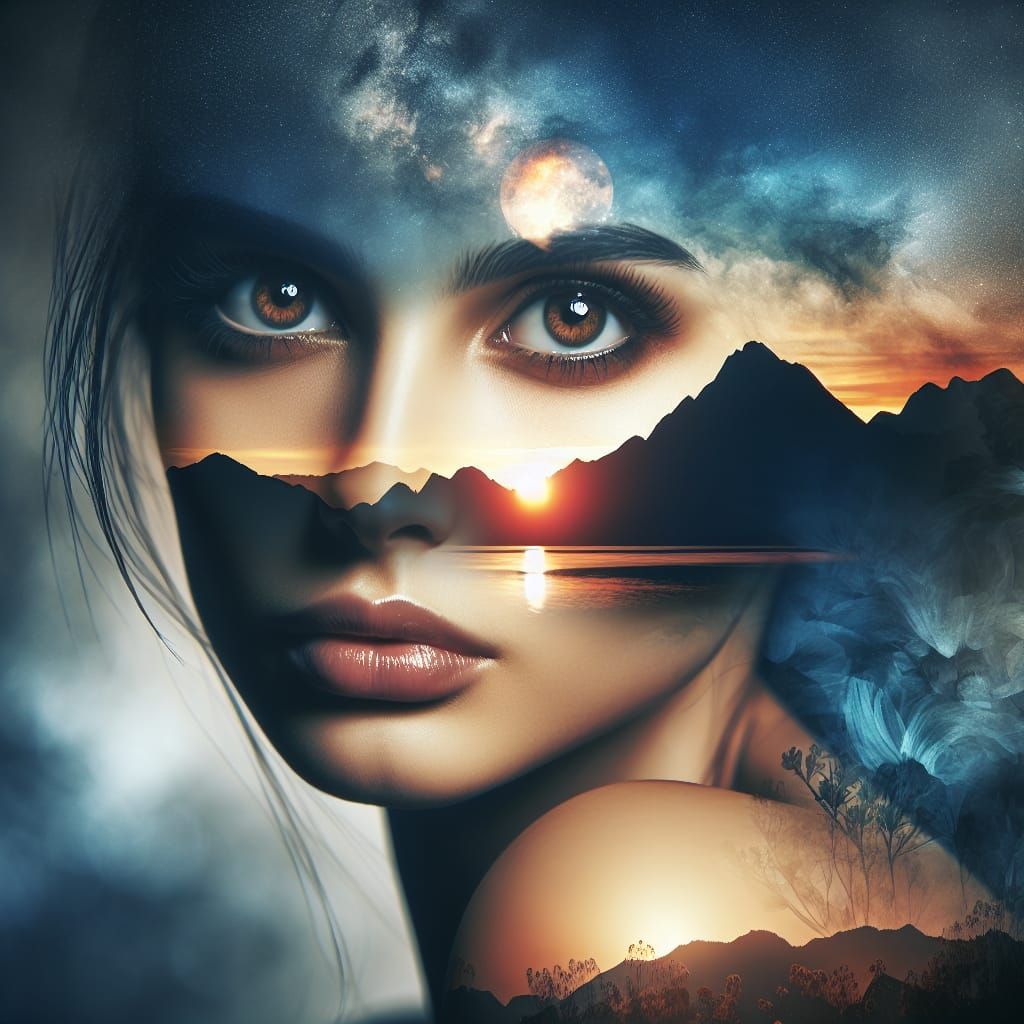 Dreamy Double Exposure: Woman and Mountain Sunset