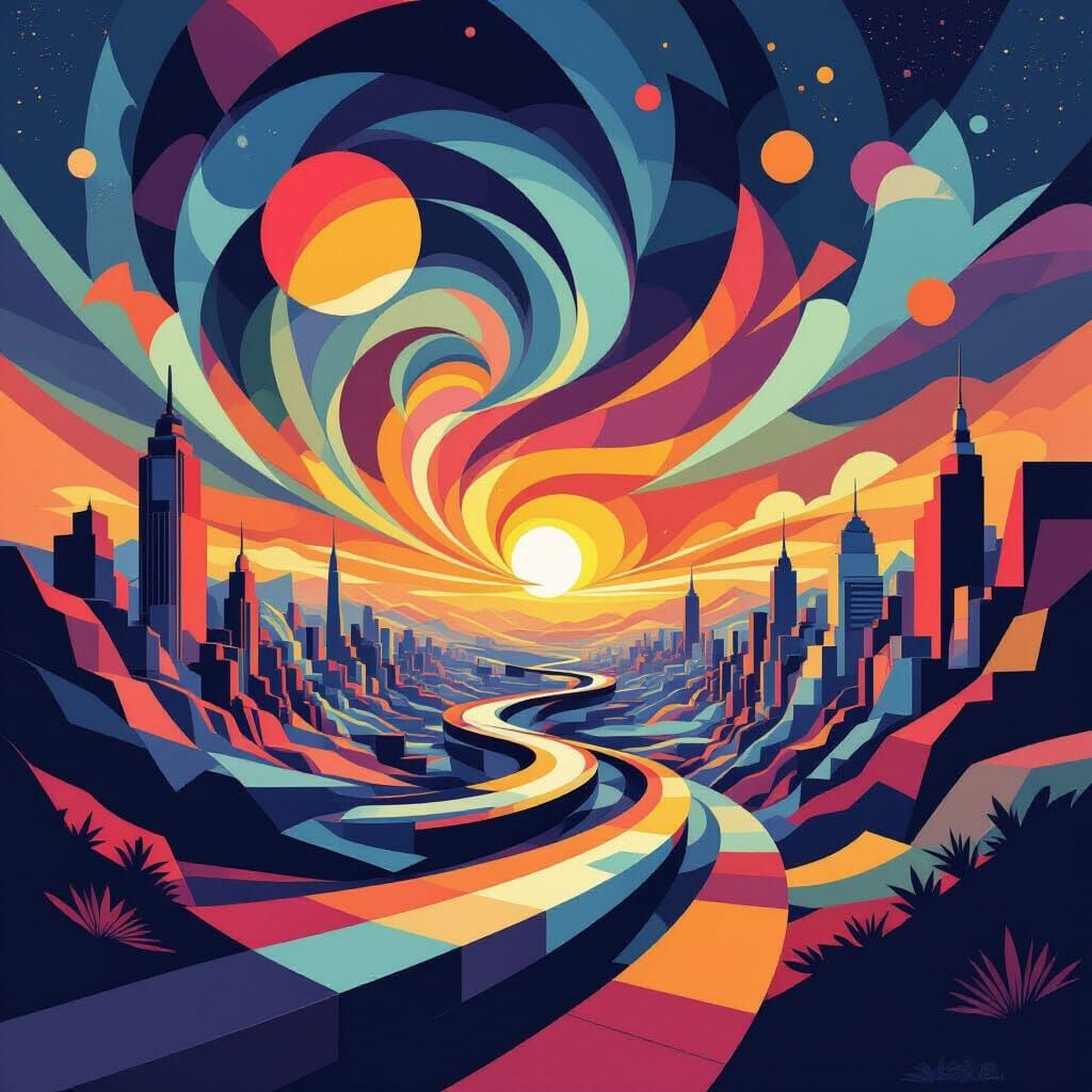 Swirled Horizon with Geometric Shapes and Art Deco Patterns