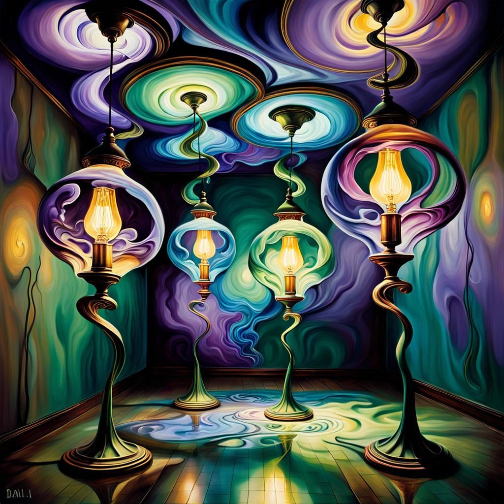 Surreal Floating Lamps in a Dreamlike Oil Painting