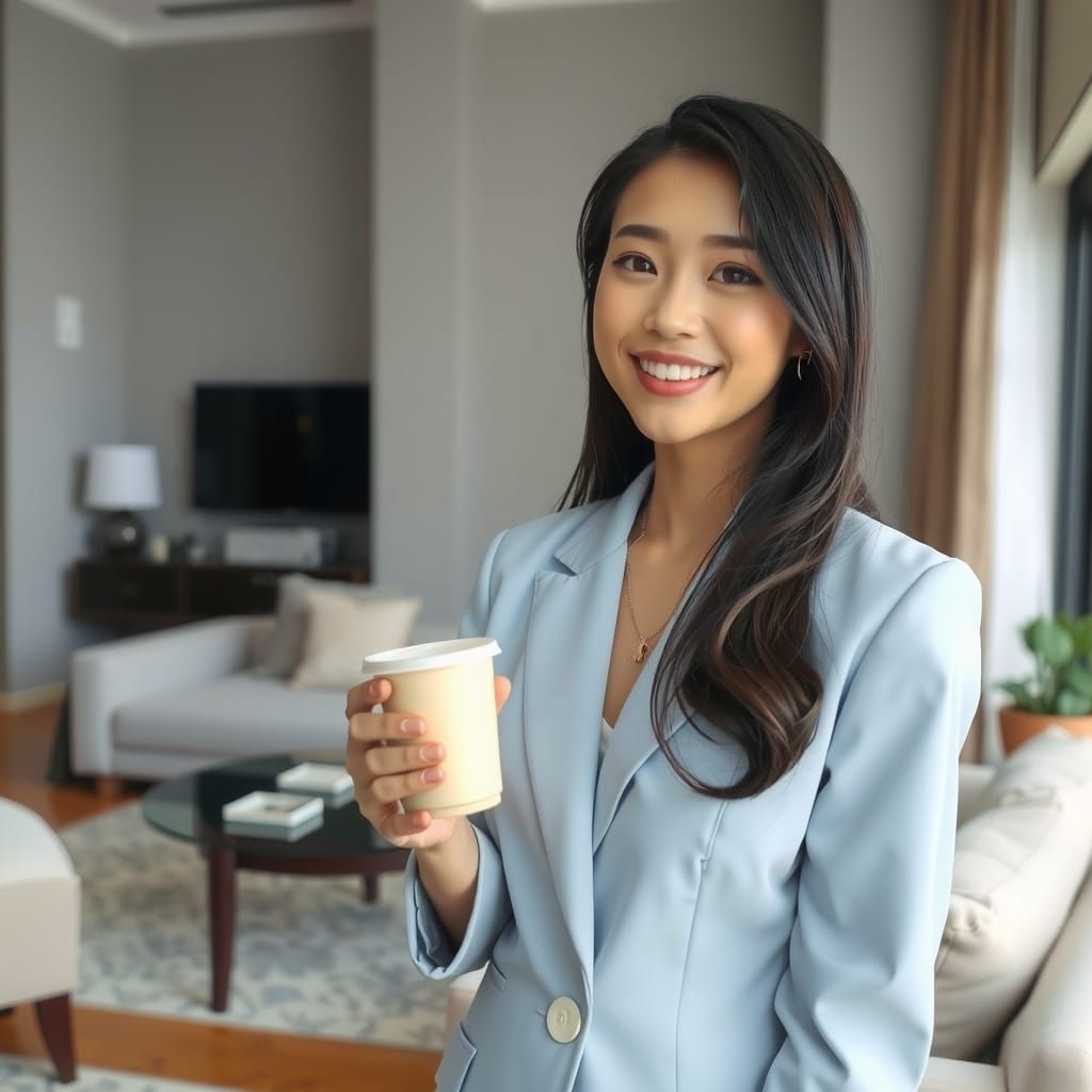 Japanese Idol in Blue Suit with Coffee