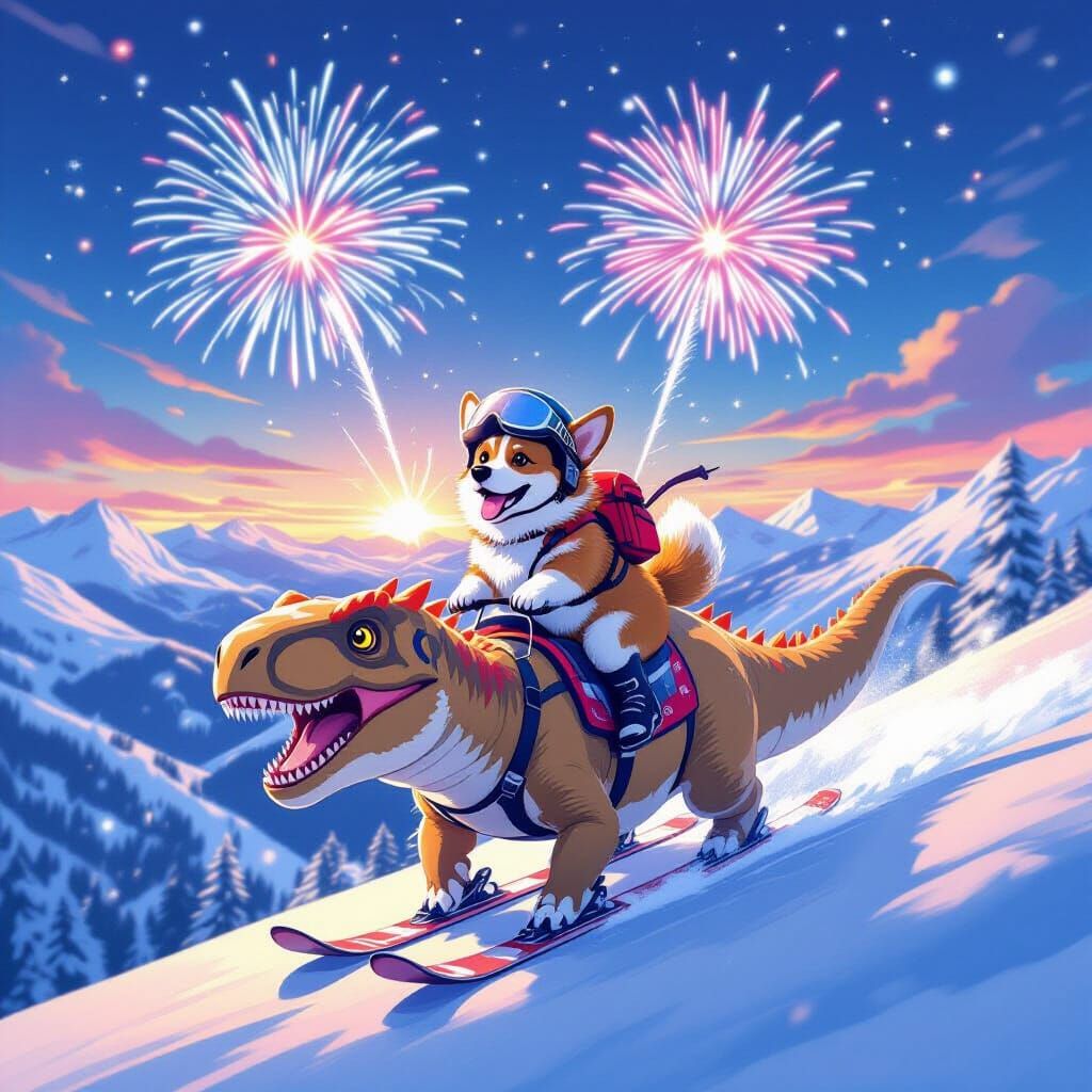 Corgi and Giganotosaurus Skiing Under Fireworks