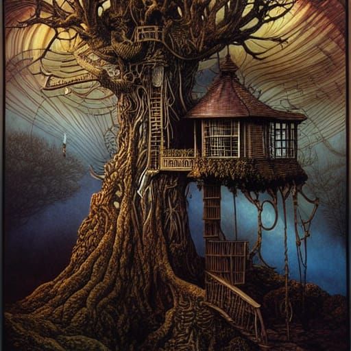 Intricate Treehouse Fantasy Art in Detailed Ink Drawing Styl...