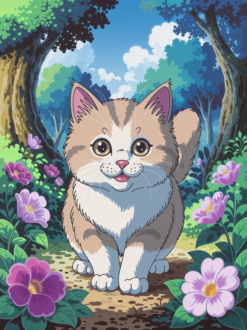 Whimsical Anime Kitten in Vibrant Forest