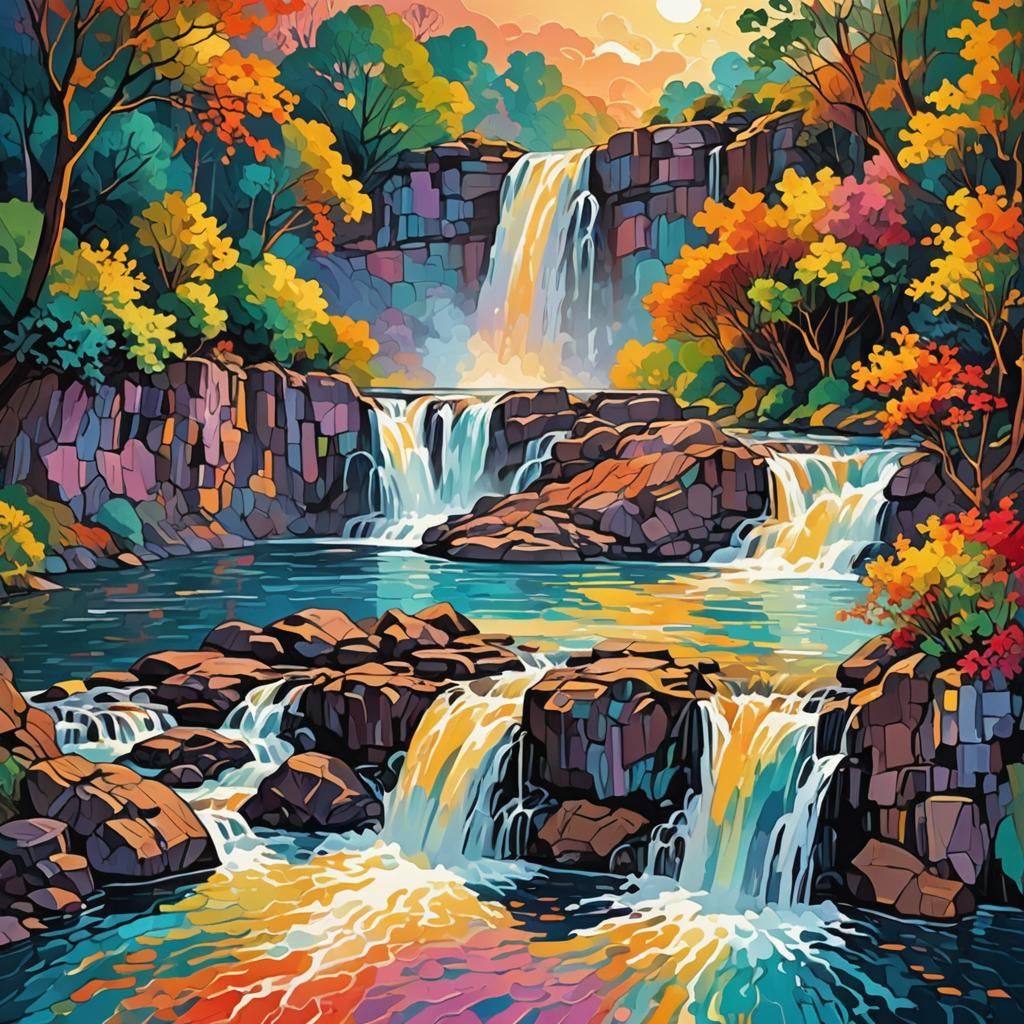 Multicolored Waterfall in Sunrise: Digital Pop Art