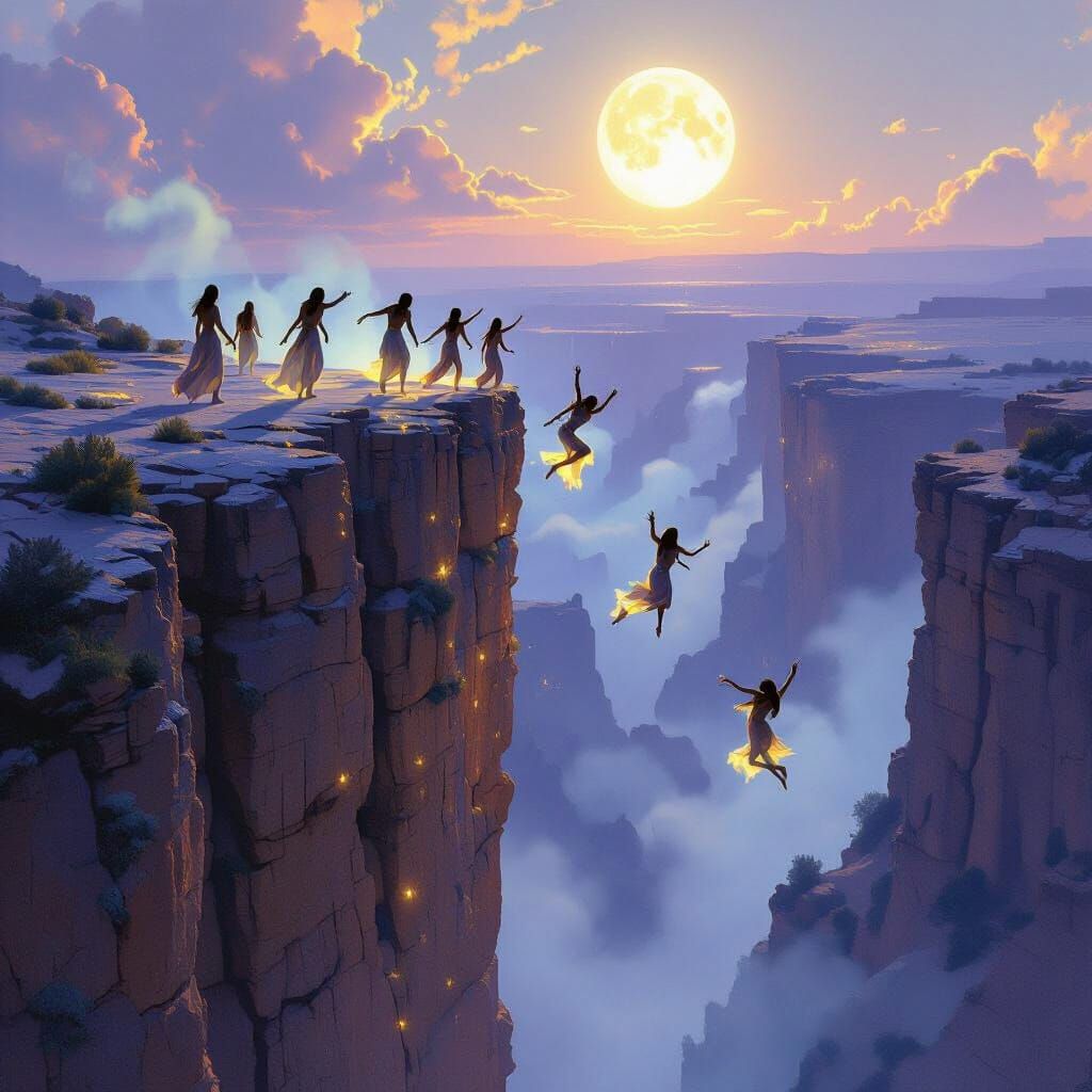 Ethereal Figures Leap from Ancient Cliff Under Double Moon