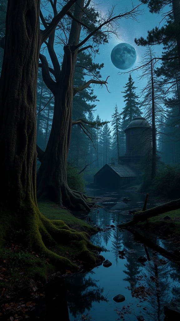 Eerie Twilight Forest with Decaying Steampunk Structures