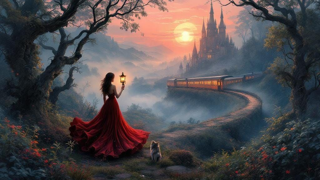 Woman with Lantern in Mystical Forest, Oil Painting